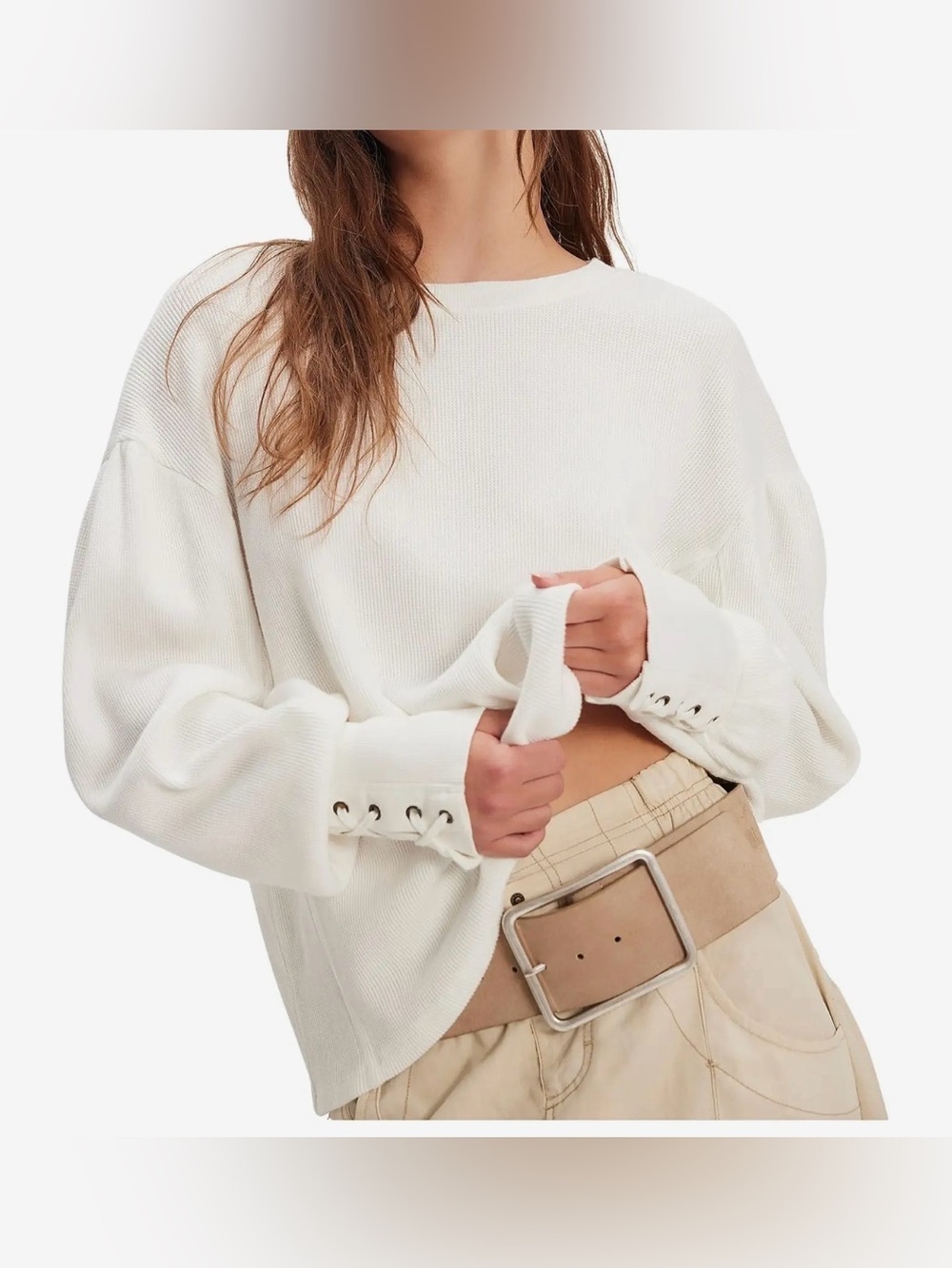 We the free Lapis Cuff White Lace-Up Sleeve Knit Sweater Minimalist Coastal L